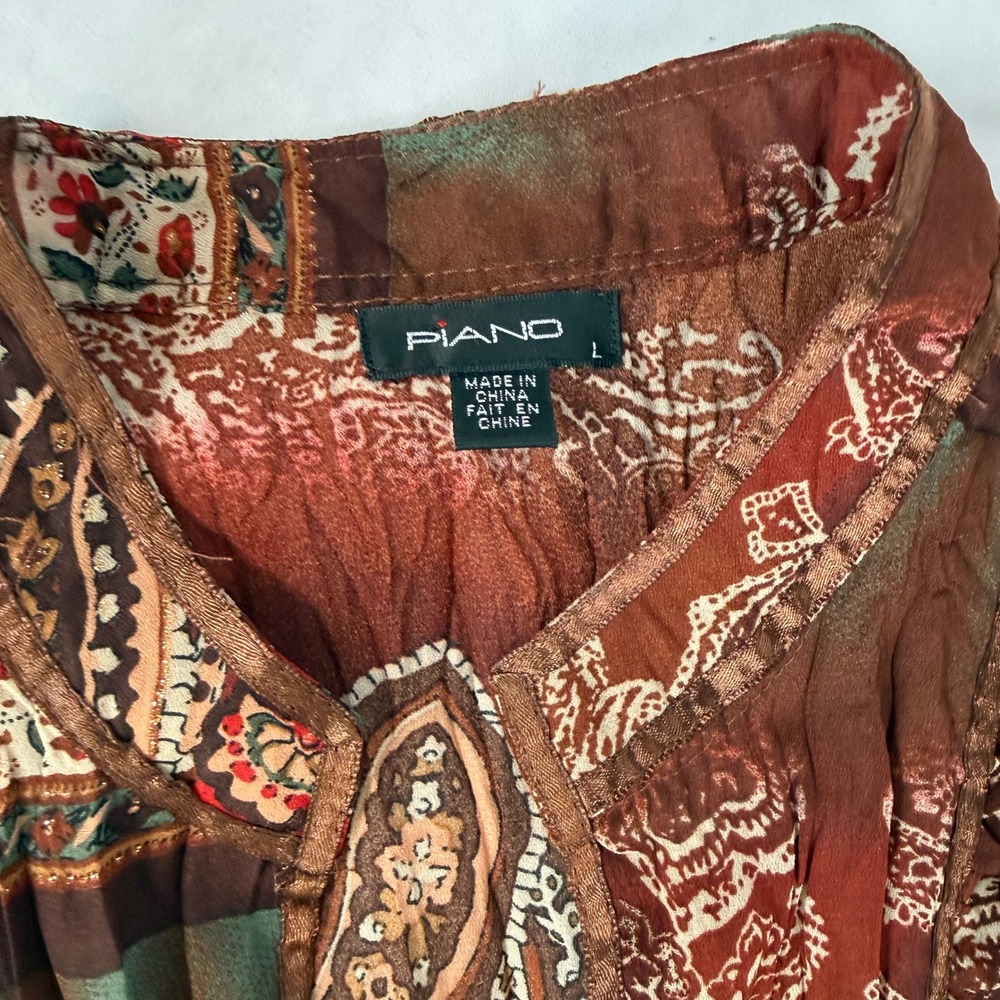 Piano Womens Large Paisley Print Crinkle Blouse Rust Red Boho Ribbon Trim Top - Picture 6 of 9
